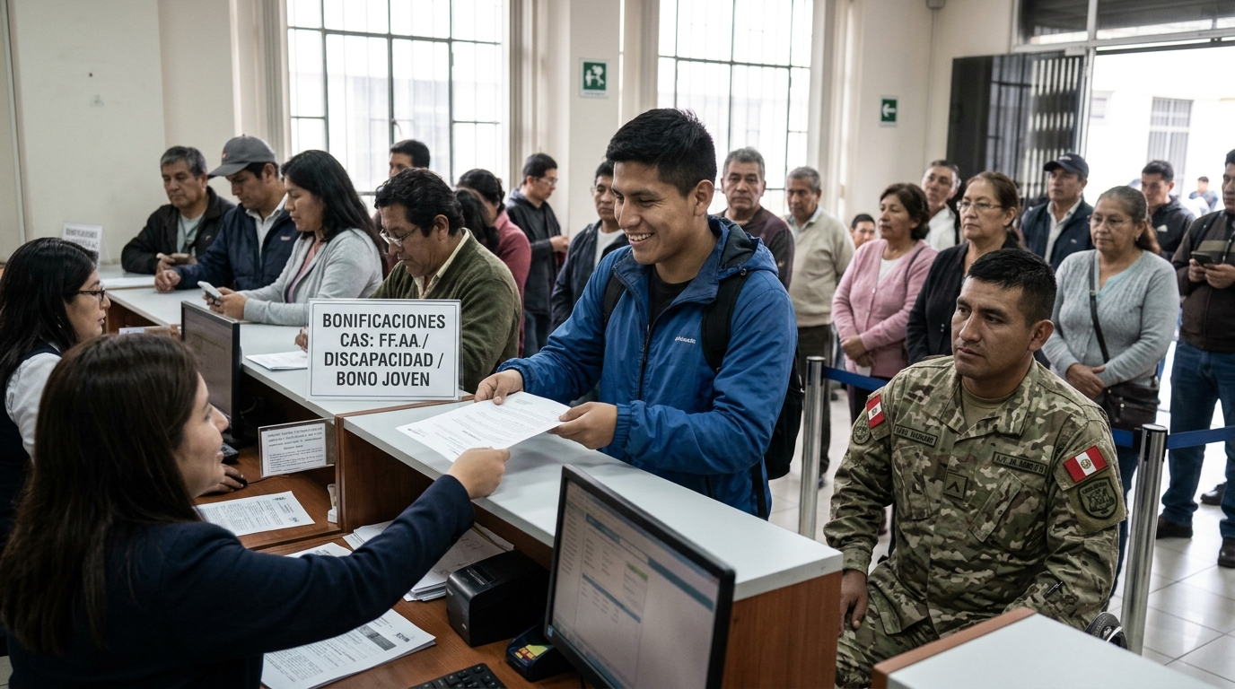 Postulante revisando los beneficios por bonificación en un concurso CAS del Estado peruano